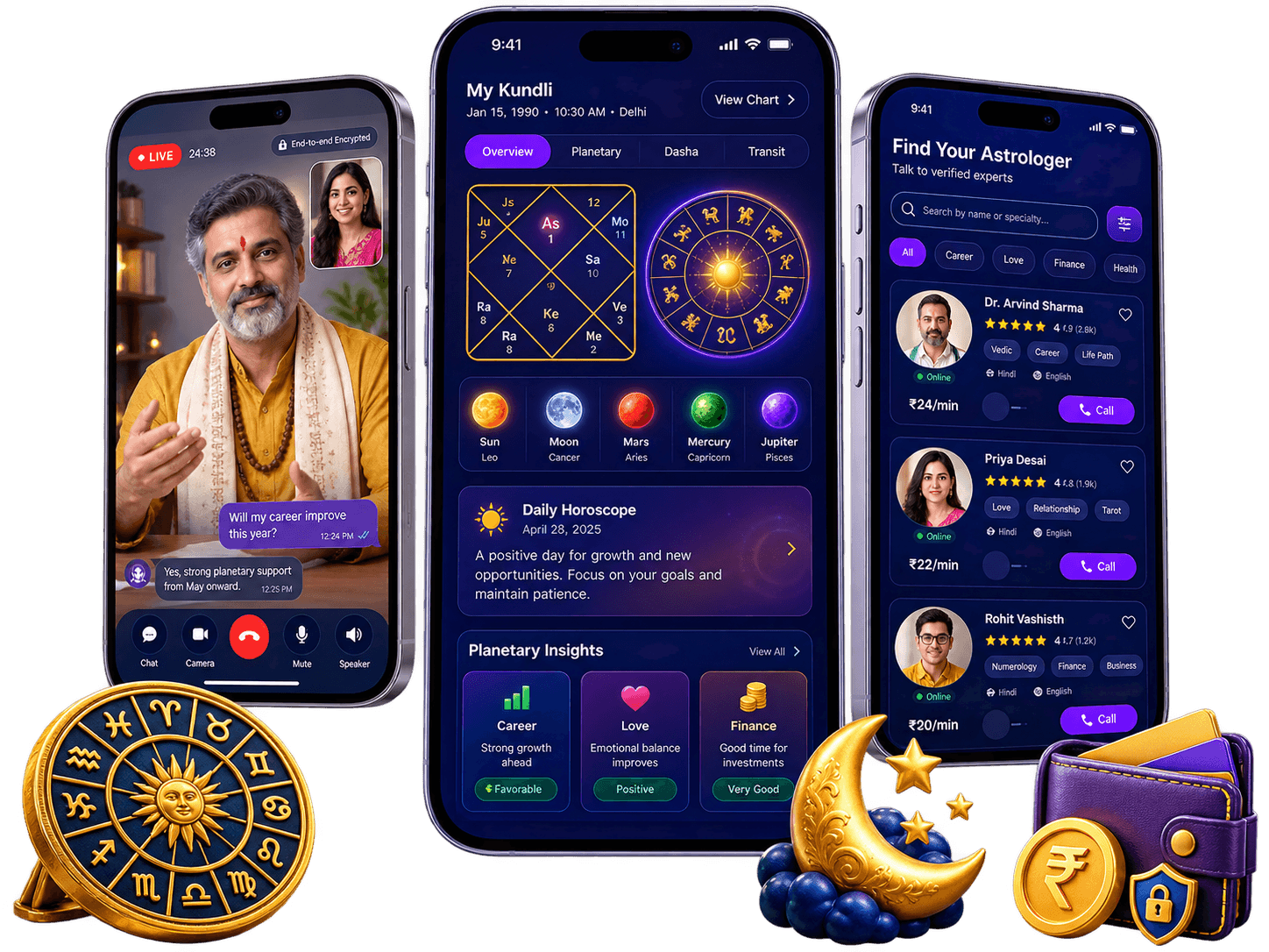Astrology app interfaces for kundli, horoscopes and live consultations