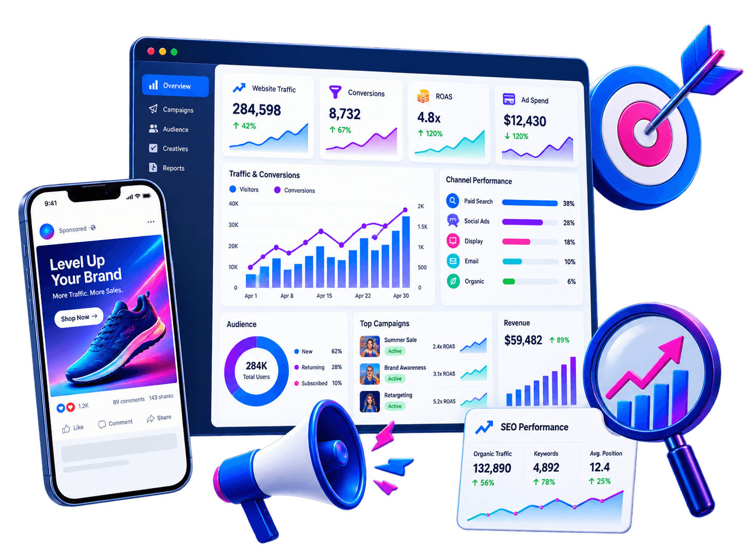 Digital marketing campaign dashboard, social advertising and SEO analytics