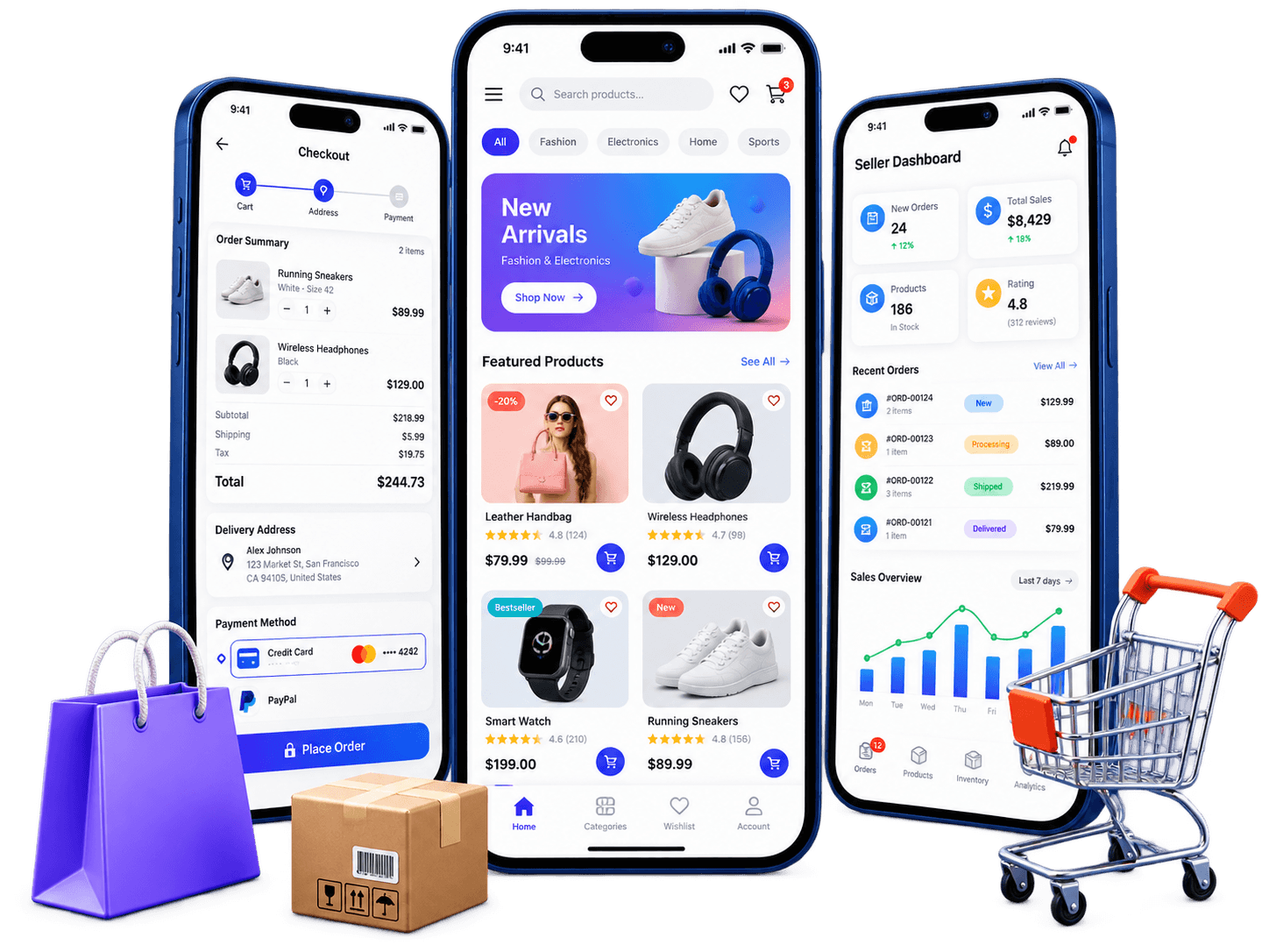 Ecommerce app platform showing product catalog, secure checkout and seller order management