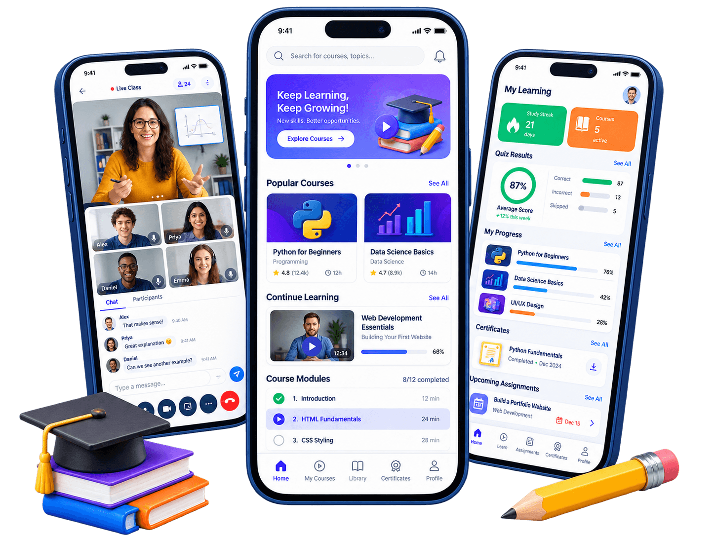 Education app platform showing online courses, live virtual classes and student learning progress