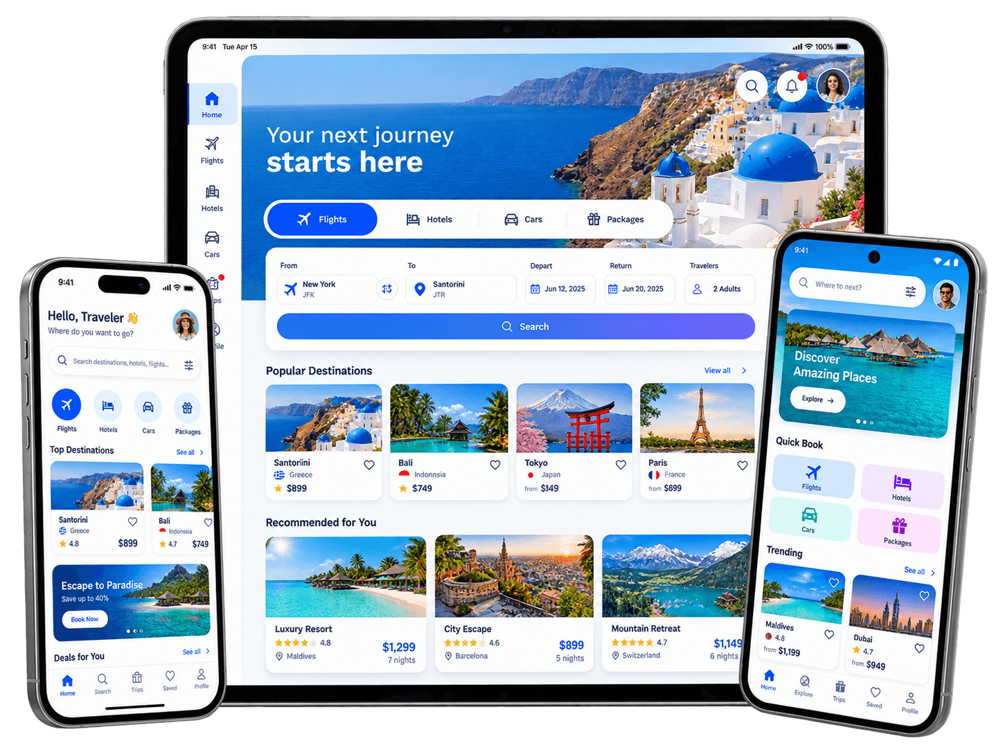 Cross-platform Flutter travel app interfaces on phones and tablet