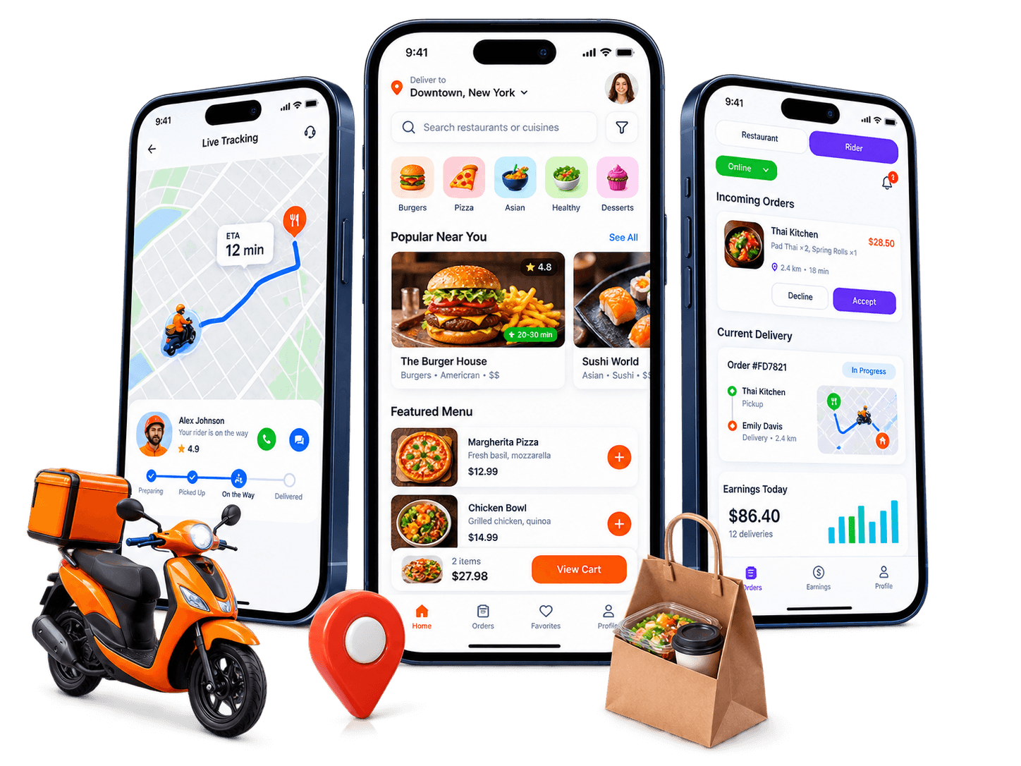 Food delivery platform showing restaurant discovery, ordering, live rider tracking and delivery operations