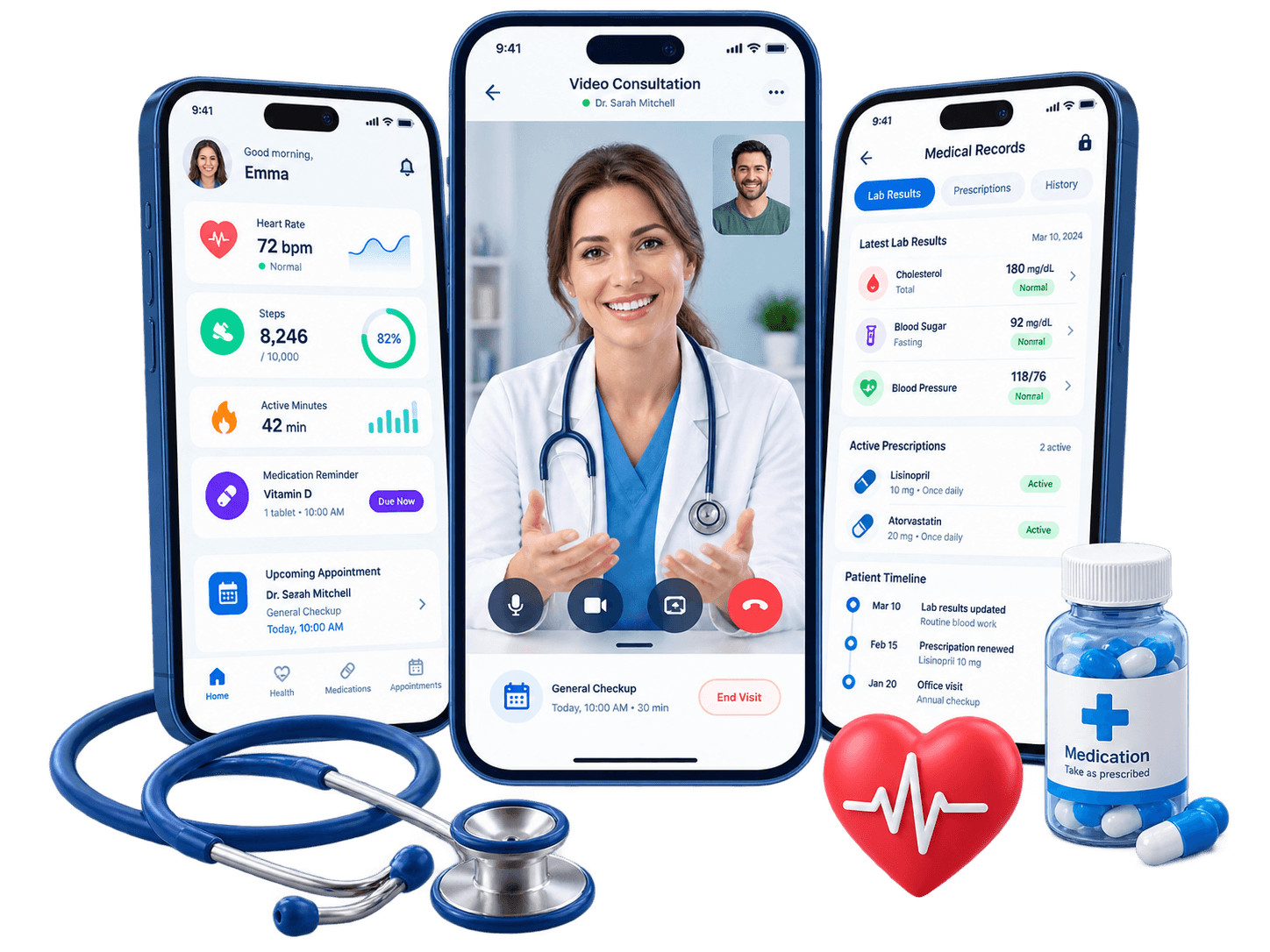 Healthcare app platform showing telemedicine, patient health monitoring and secure medical records