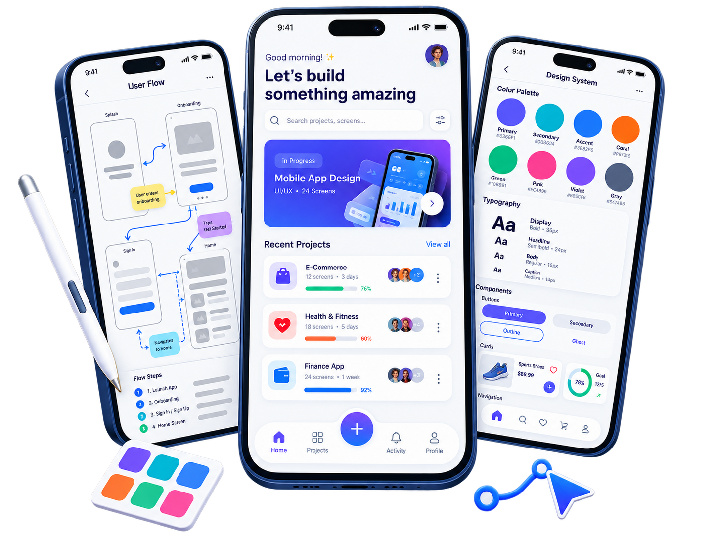 Mobile app design process showing UX user flows, polished interface design and a reusable design system