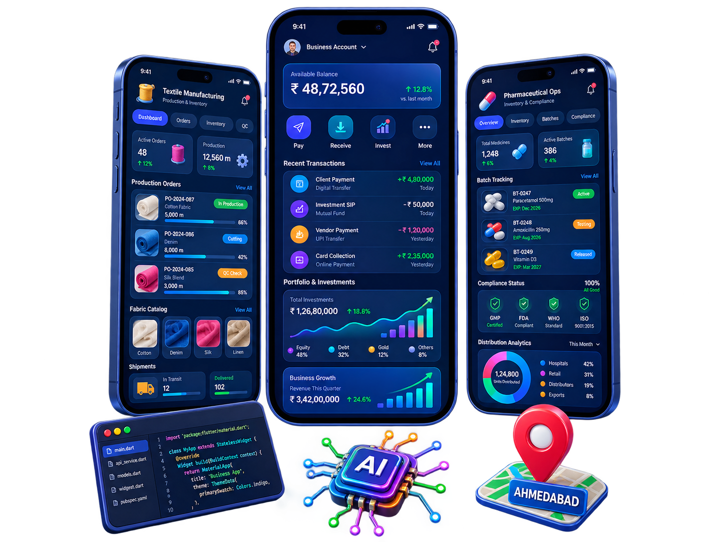 Mobile app development in Ahmedabad featuring textile manufacturing, fintech and pharmaceutical operations products