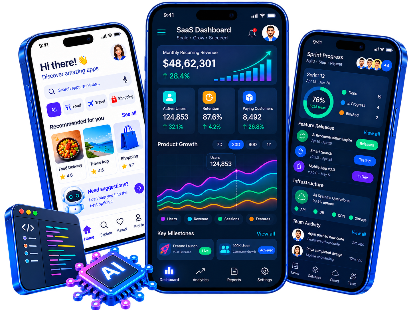 Mobile app development in Bangalore featuring SaaS growth, AI-powered discovery and product engineering workflows