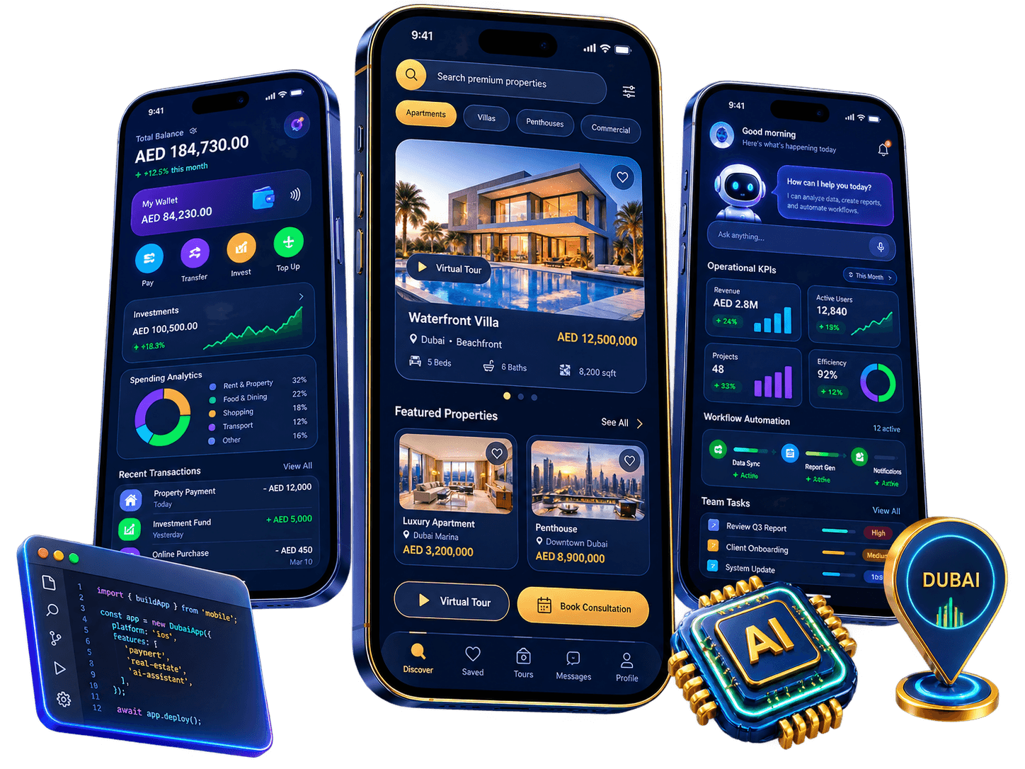 Mobile app development in Dubai featuring luxury real estate, fintech and AI-powered enterprise products