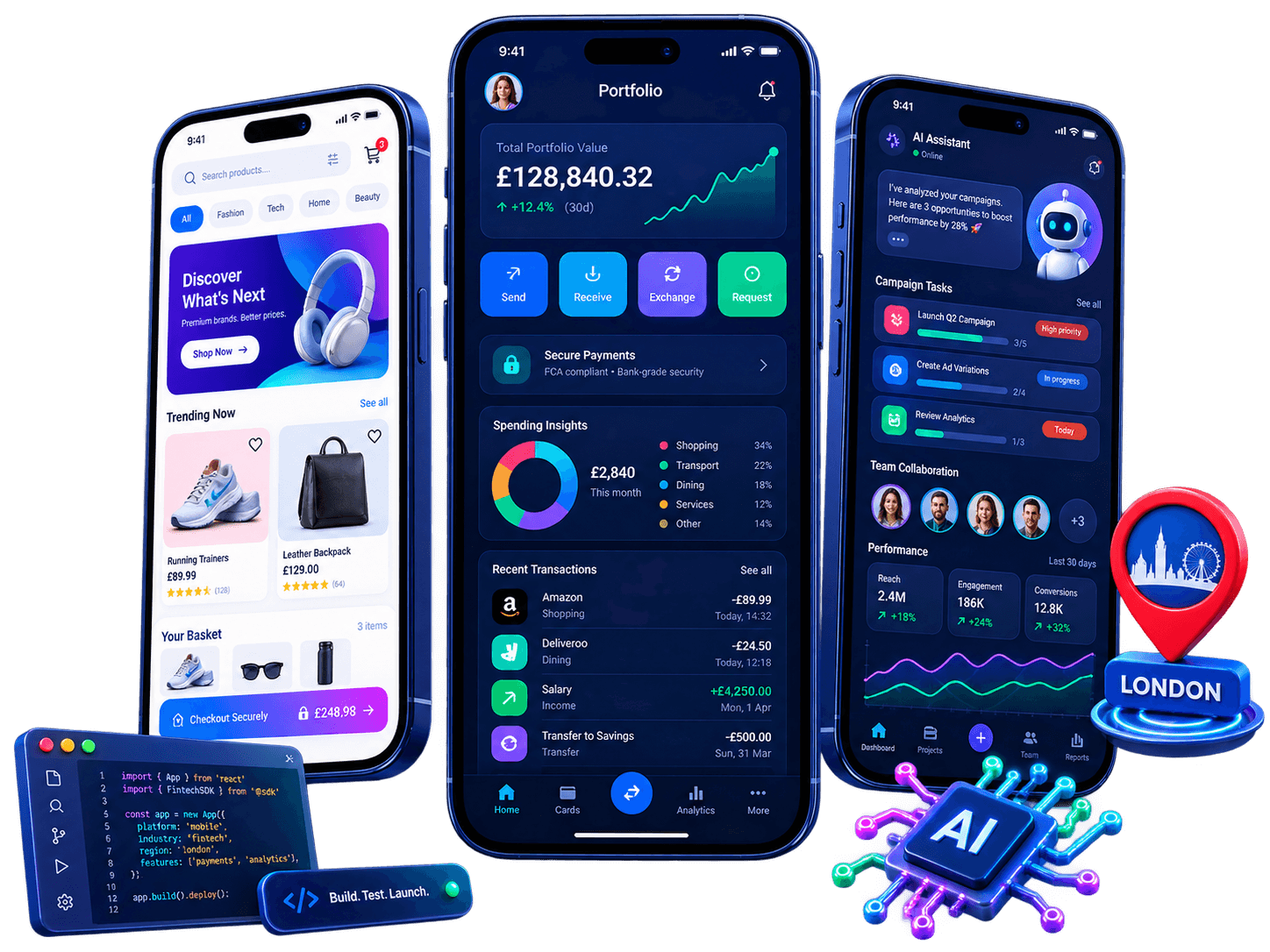 Mobile app development in London featuring fintech, retail commerce and AI-powered agency workflows