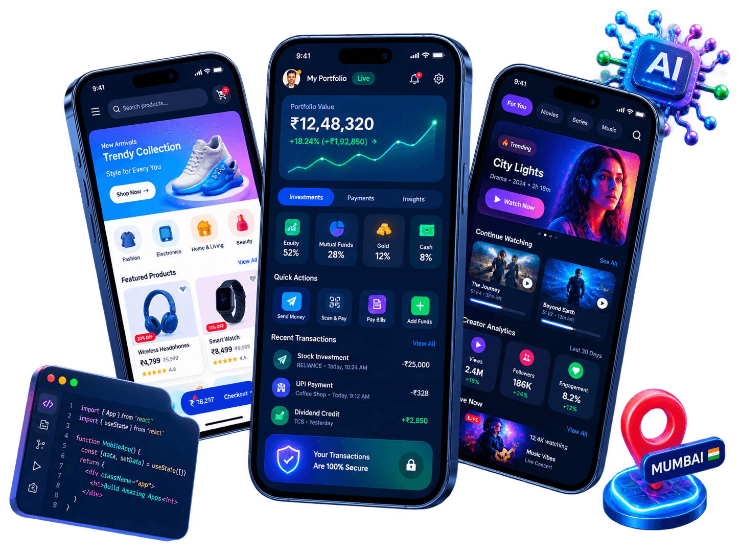Mobile app development in Mumbai featuring fintech, retail commerce and media streaming products