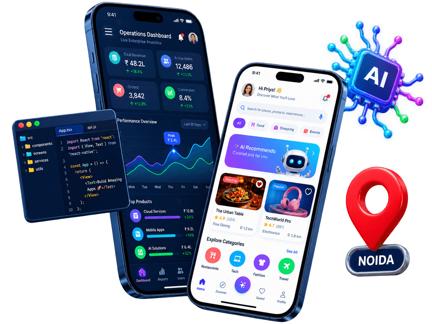 Mobile app development in Noida featuring enterprise products, AI-powered experiences and local technology expertise