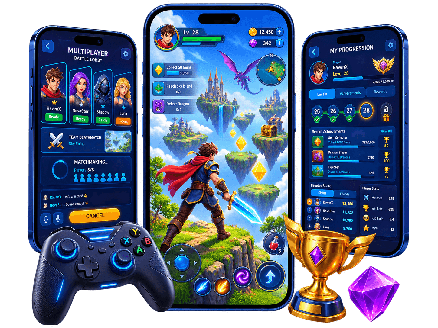 Mobile game development showcase featuring action gameplay, multiplayer matchmaking and player progression