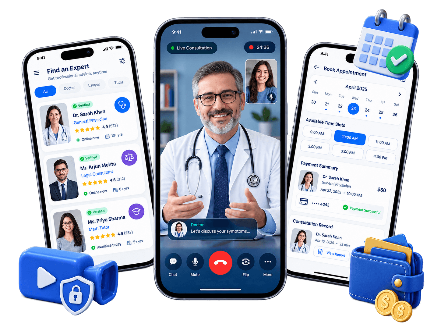 Online consultation app interfaces for expert discovery, video calls and booking