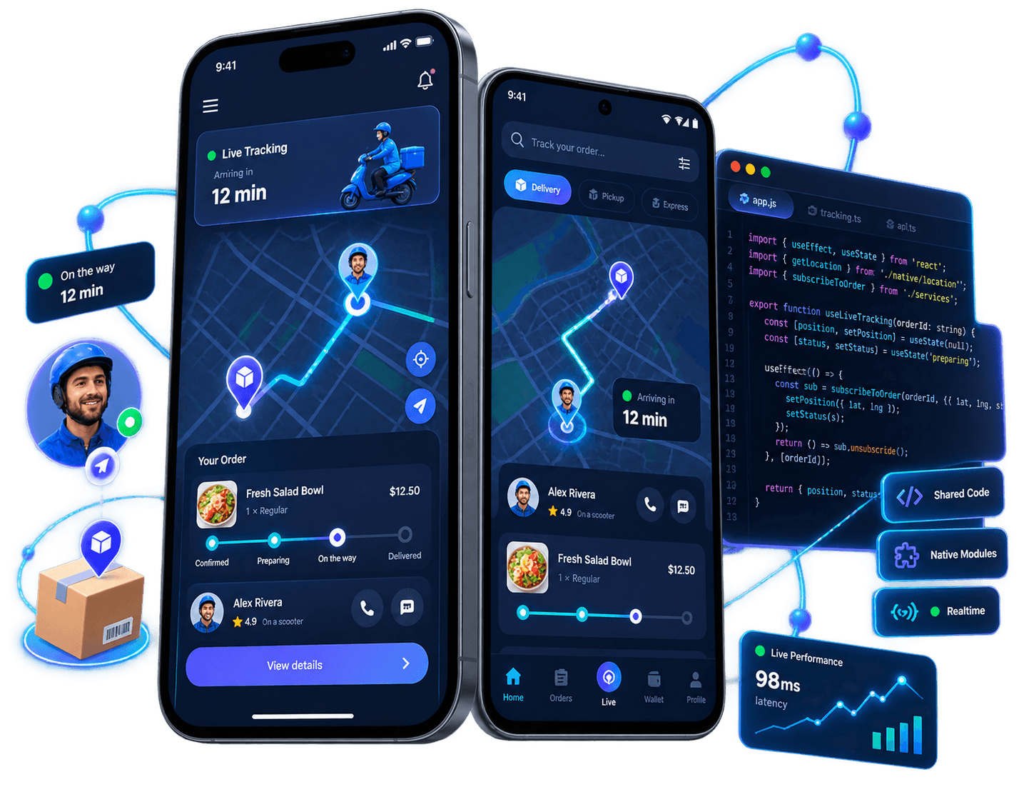 React Native delivery app interfaces with shared code and live tracking