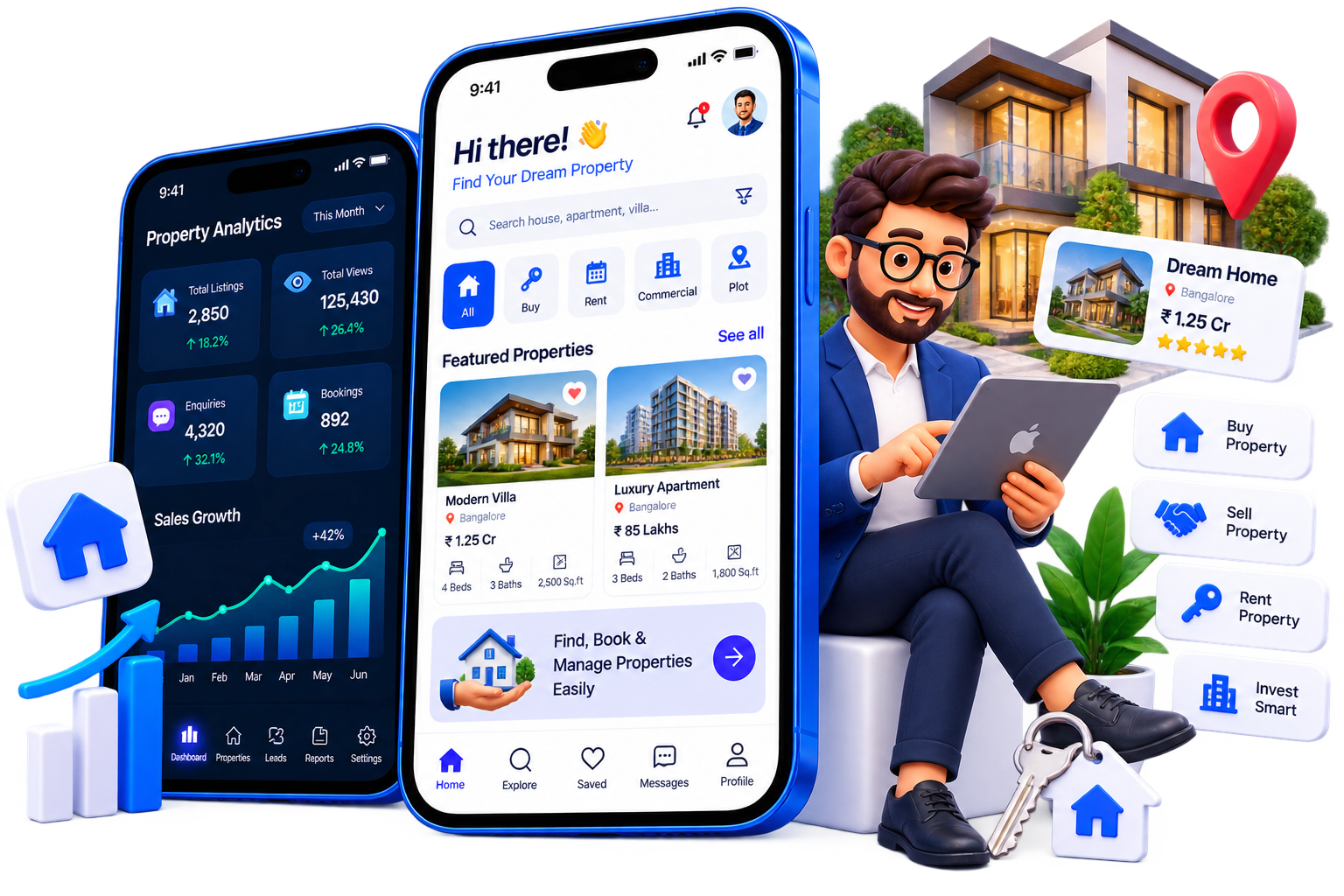 Real estate app development in Bangalore featuring property listings, virtual tours and secure transactions