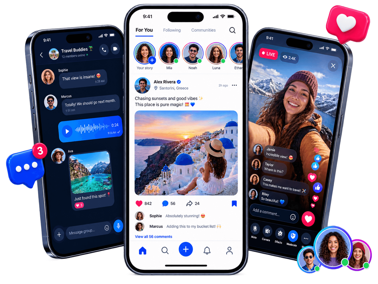 Social networking app interfaces for feeds, group chat and live streaming