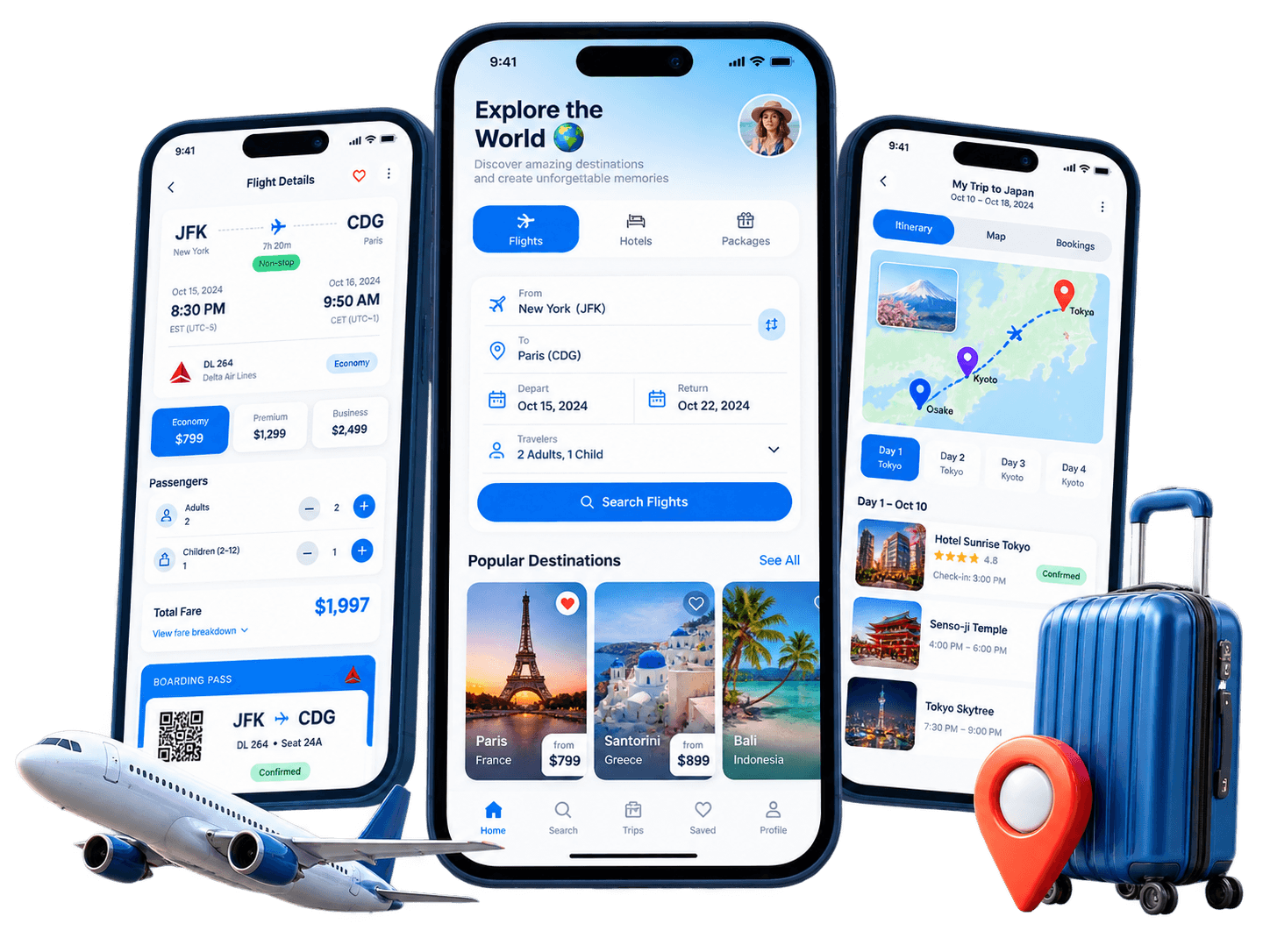 Travel app platform showing destination discovery, flight booking and trip itinerary planning