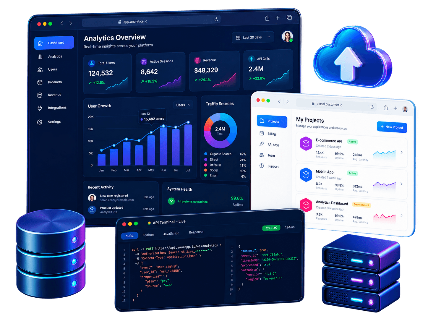 Full-stack web application dashboards, API terminal and cloud infrastructure